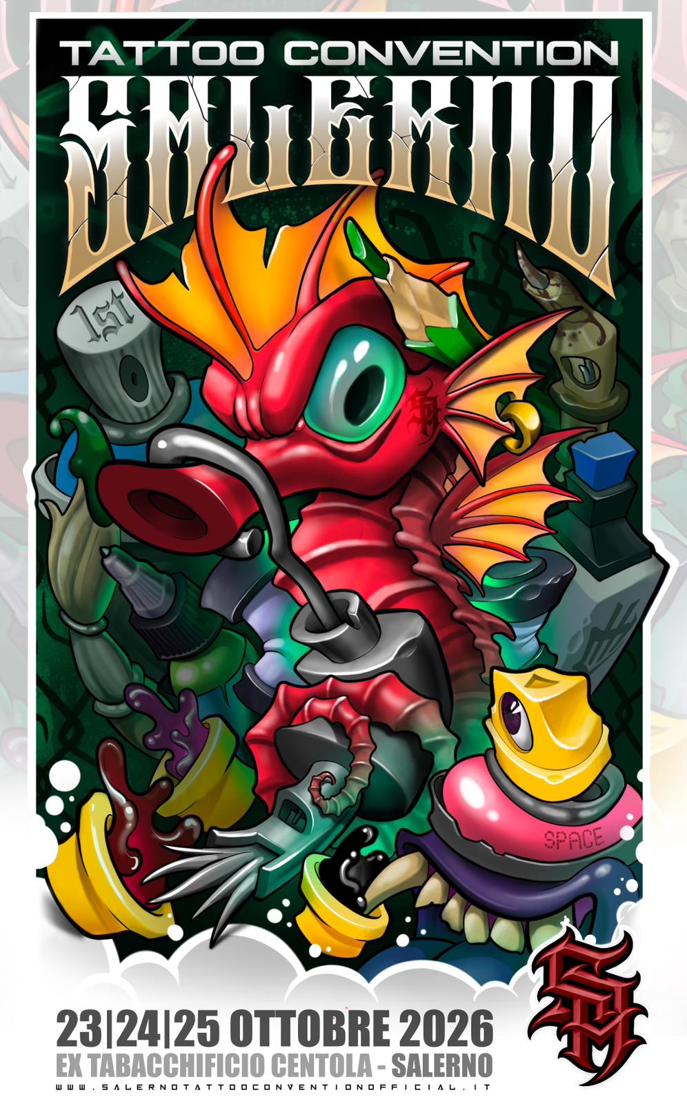 Locandina ufficiale Salerno Tattoo Convention 2026 — 23·24·25 Ottobre, Ex Tabacchificio Centola, Salerno